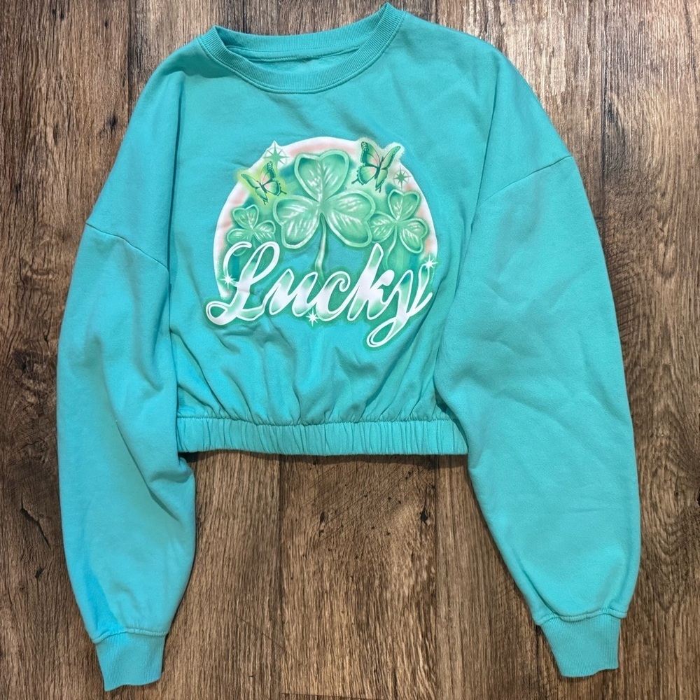 Girls Handmade Lucky Graphic Print Pullover Aqua Green Sweatshirt Size XL 14/16
